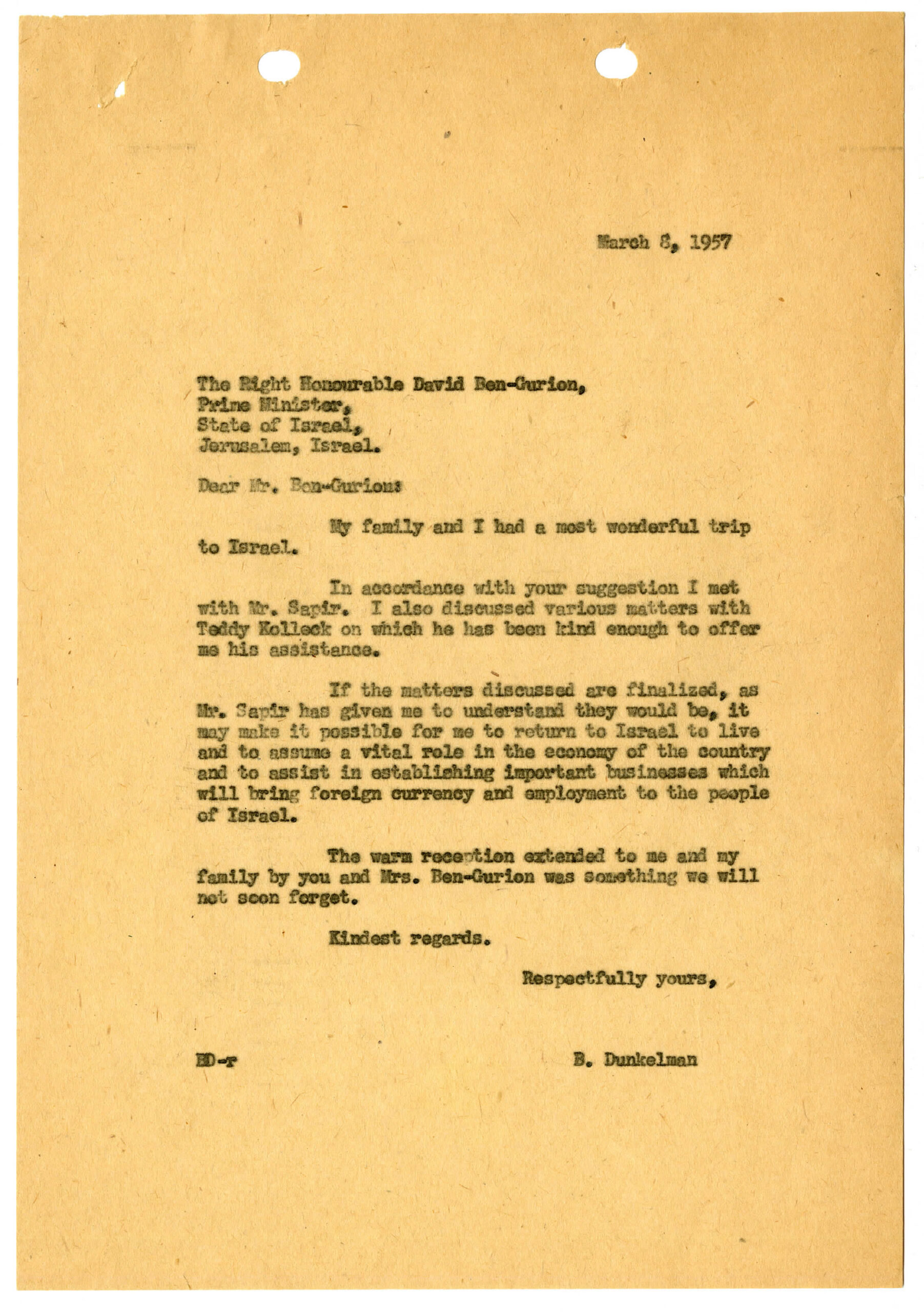 Letter to David Ben-Gurion from Ben Dunkelman